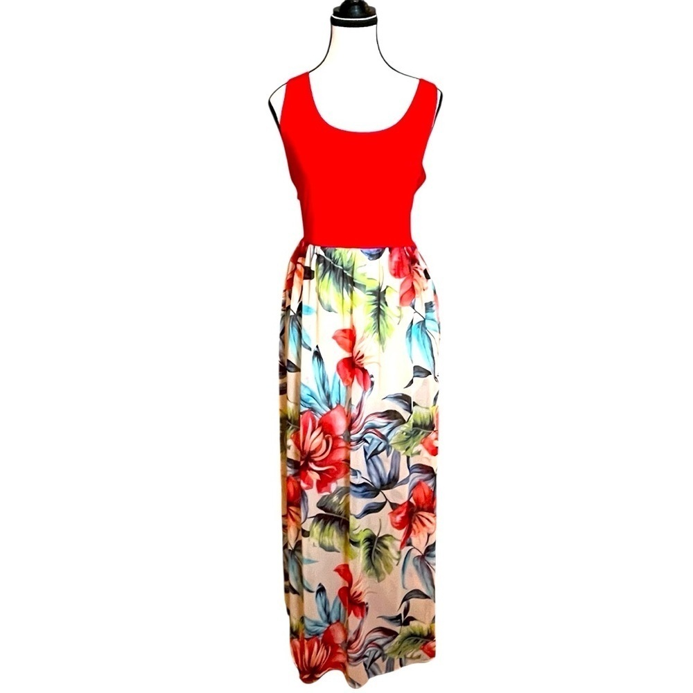 Le Lis Floral Maxi Dress Red Top Criss Cross Back Women’s Size L  Made In USA